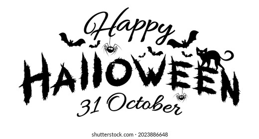 Vector horror lettering for the holiday Halloween. Festive inscription with cartoon cute bats, cat and spider for cover, banner, poster, greeting card or party invitation. EPS 10