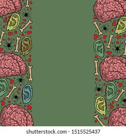 Vector horror pattern with creepy brain, ears, bones, spiders for scary design, print, poster, cover, sticker, packing. Spooky illustration for horror festival, party invitation, Halloween design.