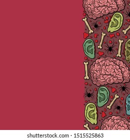 Vector horror pattern with creepy brain, ears, bones, spiders for scary design, print, poster, cover, sticker, packing. Spooky illustration for horror festival, party invitation, Halloween design.