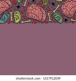Vector horror pattern with creepy brain, ears, bones, spiders for scary design, print, poster, cover, sticker, packing. Spooky illustration for horror festival, party invitation, Halloween design.
