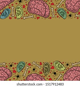 Vector horror pattern with creepy brain, ears, bones, spiders for scary design, print, poster, cover, sticker, packing. Spooky illustration for horror festival, party invitation, Halloween decoration.
