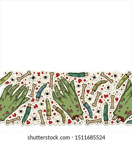Vector horror pattern with creepy hands, fingers, bones, spiders for scary design, print, poster, cover, sticker, packing. Spooky illustration for horror festival, party invitation, Halloween design.