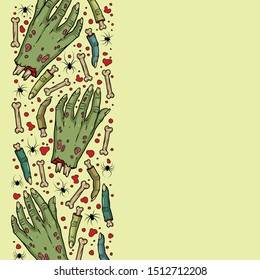 Vector horror pattern with creepy hands, fingers, bones, spiders for scary design, print, poster, cover, sticker, packing. Spooky illustration for horror festival, party invitation, Halloween design.