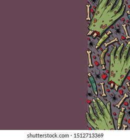 Vector horror pattern with creepy hands, fingers, bones, spiders for scary design, print, poster, cover, sticker, packing. Spooky illustration for horror festival, party invitation, Halloween decor.