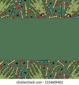 Vector horror pattern with creepy hands, fingers, bones, spiders for scary design, print, poster, cover, sticker, packing. Spooky illustration for horror festival, party invitation, Halloween design.