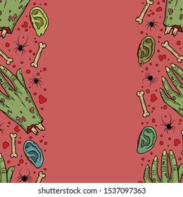 Vector horror pattern with creepy hands, ears, bones, spiders for scary design, print, poster, cover, sticker, packing. Spooky illustration for horror festival, party invitation, Halloween design.