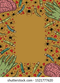 Vector horror text frame with creepy brain, hand, fingers, spiders for scary design, print, poster, cover, article, packing. Spooky illustration for horror festival, party invitation, Halloween decor.