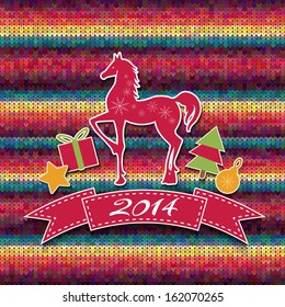 Vector  horse. Application horse of  knitted canvas. Christmas, New Year card, illustration with horse. Holiday design. Symbol of 2014. Winter. Backdrop.  