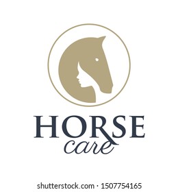 Vector horse care circle logo with girl and horse head. Isolated on white background.