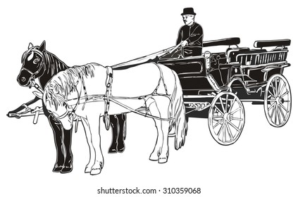 Vector horse with cart and coachman, hand drawn in black and white  style.