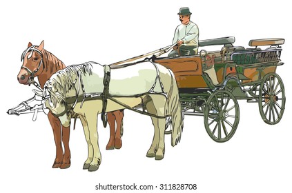 Vector horse with cart and coachman, hand drawn in cartoons  style.