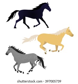 Vector horse collection. Elements for design on white background. Galloping horses. Dark blue, yellow, grey colors.