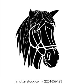 Plantilla del logotipo de diseño del vector del caballo. Diseño de estilo plano. Bien por el logo de la compañía. Cabeza de caballo con una brida en la cabeza y un hombre negro en la cabeza
