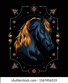 vector horse . head horse illustration with ornament background. t-shirt design, decoration, bandana, artwork print