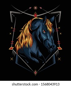 vector horse . head horse illustration with ornament background. t-shirt design, decoration, bandana, artwork print