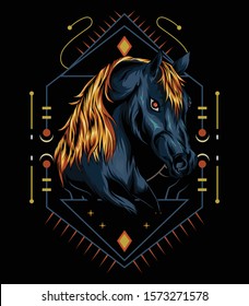 vector horse . head horse illustration with ornament background. t-shirt design, decoration, bandana, artwork print