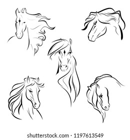 Vector Horse Head Logo, set sign symbol icon Horse, sketch tattoo illustration, wallpaper background.