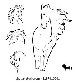 Vector Horse Head Logo, set sign symbol icon Horse, sketch tattoo illustration, wallpaper background.