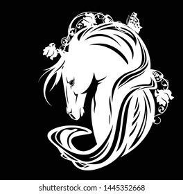 vector horse head with long mane, rose flowers and butterfly - art nouveay style white stallion portrait on black