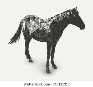 Vector horse illustration. Polygon shaped line- art. Geometrical animal drawing.