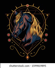 vector horse logo. horse head illustration with sacred background in the dark. design for t shirt , apparel, poster, decoration print, accessories, phone case and other