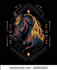 vector horse logo. horse head illustration with sacred background in the dark. design for t shirt , apparel, poster, decoration print, accessories, phone case and other