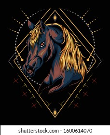 vector horse logo. horse head illustration with sacred background in the dark. design for t shirt , apparel, poster, decoration print, accessories, phone case and other