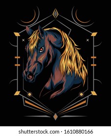 vector horse logo. horse head illustration with sacred background in the dark. design for t shirt , apparel, poster, decoration print, accessories, phone case and other