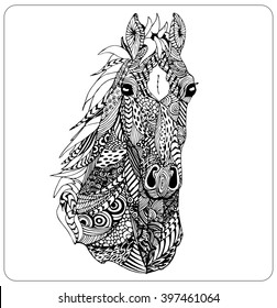 Vector horse muzzle zentangle high detailed ornament vector art. Mare head black and white illustration. Web design page icon element. image for phone case design, banner,poster, print advertisement