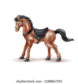 Vector horse realistic toy with black daddle, tail and mane. Marble brown bay stallion or gelding doll for babies, boys and girls kids fun. Animal toy for games, birthday, christmas present