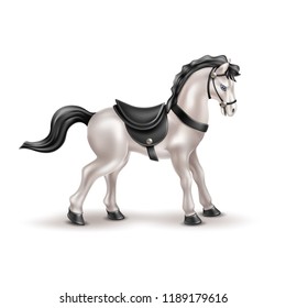 Vector horse realistic toy with black saddle, tail and mane. Marble white grey stallion or gelding doll for babies, boys and girls kids fun. Animal toy for games, birthday