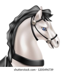 Vector horse realistic toy with black tail and mane head closeup. Pearl marble grey stallion or gelding doll for babies, boys and girls kids fun. Animal toy for games, birthday, christmas present