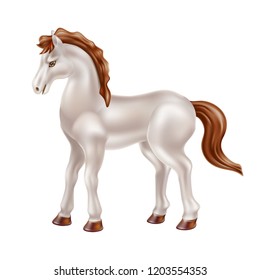 Vector horse realistic toy with brown tail and mane. Pearl marble grey stallion or gelding doll for babies, boys and girls kids fun. Animal toy for games, birthday, christmas present