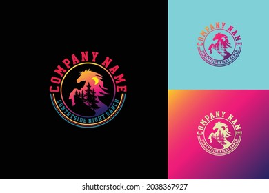 vector horse silhouette with pine logo emblem for farm and ranch company, vector icon logo design element