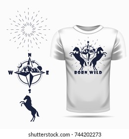 Vector horse silhouette view side for retro logos, emblems, badges, labels template vintage design element. Isolated on t-shirt blank