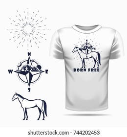 Vector horse silhouette view side for retro logos, emblems, badges, labels template vintage design element. Isolated on t-shirt blank