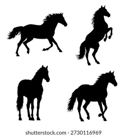 Vector horse silhouettes in various active poses: running, rearing, trotting. Black equine forms for 2026 Year of the Horse. Zodiac art, logo, print, design, motion graphics.