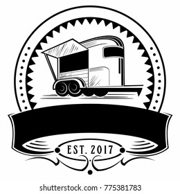 Vector horse trailer image, vector vintage horse trailer logo with the ribbon and ornament at the bottom.