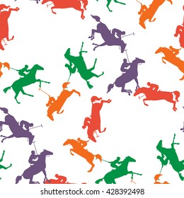 Vector horseman and horse background. Seamless wallpaper with polo horse, jockey and mallet.