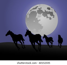 vector horses at moonlight