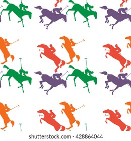 Vector horses with rider. pattern with colorful polo horses on isolated background. players polo on horseback