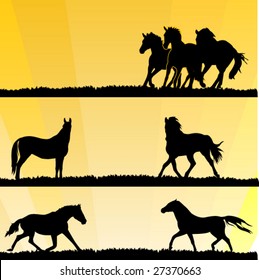 vector horses silhouettes on sunset background. easy to edit