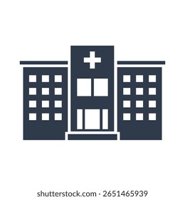Vector hospital building icon with cross sign, modern flat design, clean lines, minimal style, medical architecture, healthcare facility illustration.