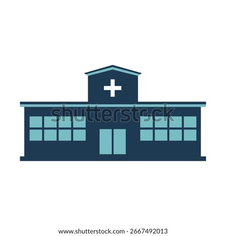 Vector hospital building icon with cross sign, modern flat design, clean lines, minimal style, medical architecture, healthcare facility illustration.