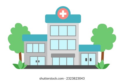 Vector hospital building icon with trees isolated on white background. Medical clinic flat illustration. Health care concept
