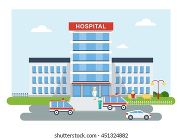 Vector Hospital Building. Medical Concept, Emergency Icon. Cartoon Flat Illustration. Objects Isolated On Background.