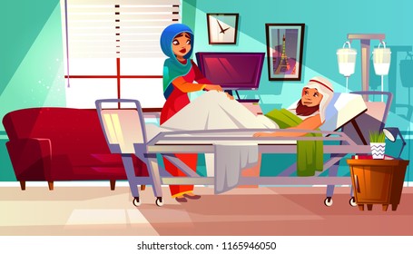 Vector Hospital Concept. Arabic Patient In Bed With Life Supporting System And Muslim Nurse In Hijab. Sick Person, Healthcare Characters Inside The Clinic Room. Medicine Interior.