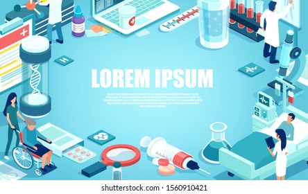 Vector of a hospital with doctors and nurces taking care of patients, performing laboratory study, giving treatment 