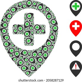 Vector hospital map pointer composition is formed of random fractal hospital map pointer parts. Fractal composition from hospital map pointer.