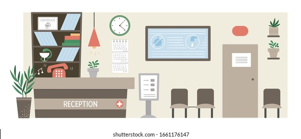 Vector Hospital Reception. Empty Clinic Corridor With Doctor Office, Chairs, Counter. Medical Interior Flat Illustration. Health Care Concept